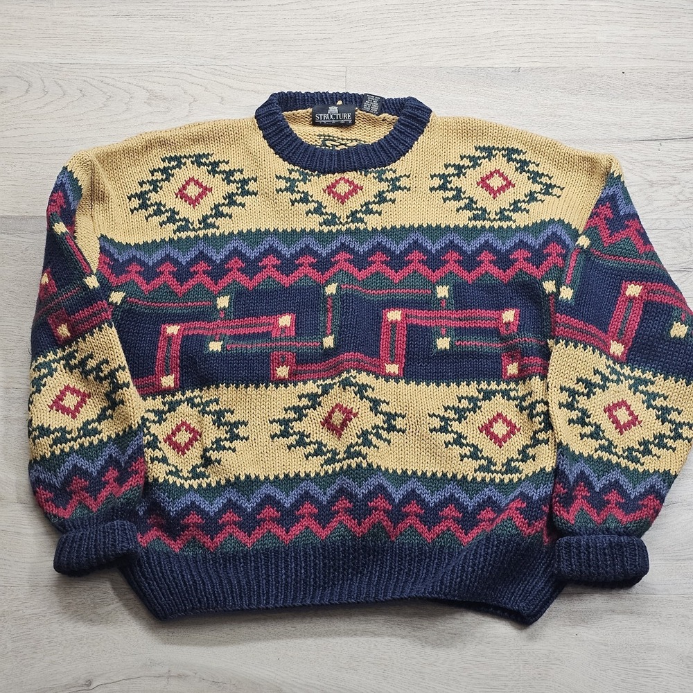 Vintage Structure Knit Sweater Multi Color Aztec Native Print Size Large L